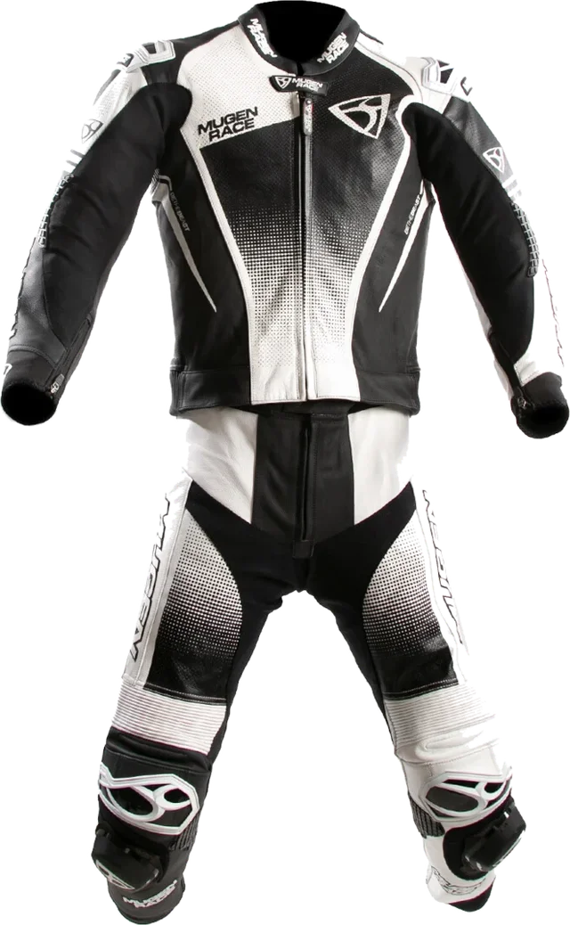 MUGENRACE Sidegun Black White Red Perforated 2PC Leather Motorcycle Suit, black/white