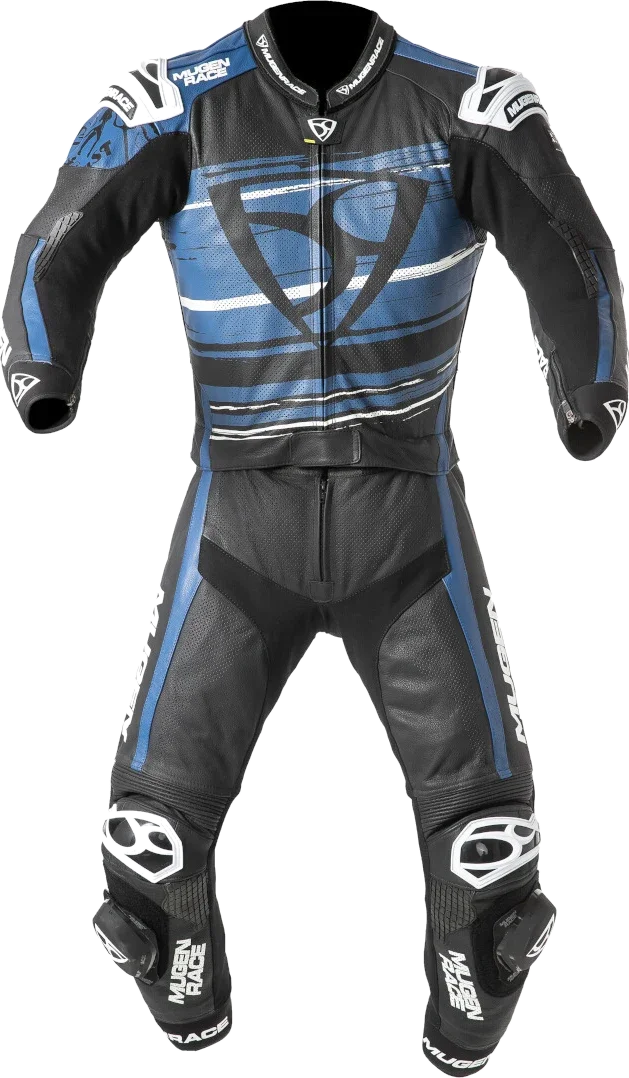 MUGENRACE RC-Max Due Black White Grey Perforated 2PC Leather Motorcycle Suit, black/white/blue