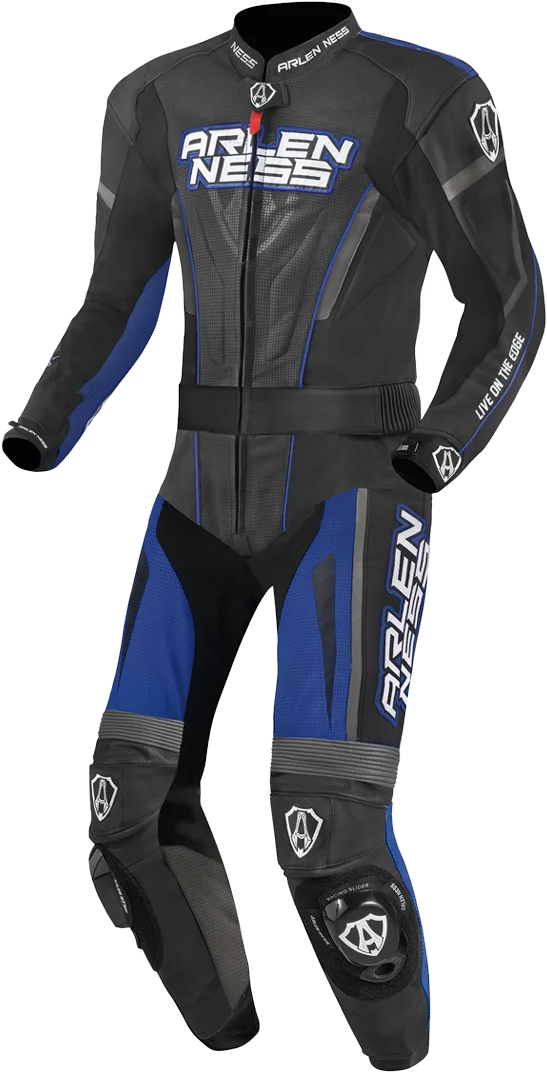 Arlen Ness Edge Two Piece Motorcycle Leather Suit, black/grey/blue