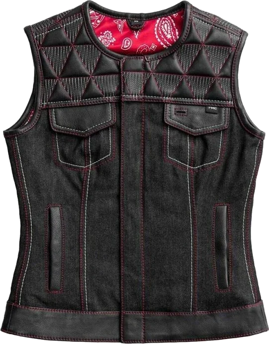 First Manufacturing Womens Delta Club Style Leather and Denim Vest, Black