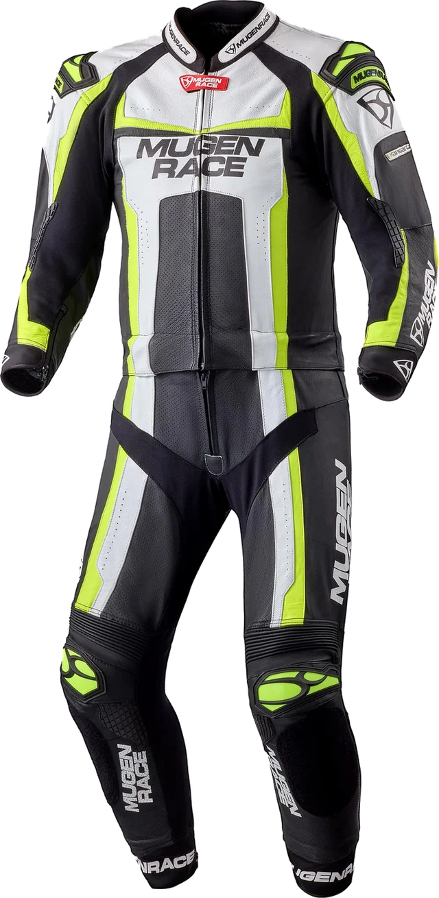 MUGENRACE Ibrido Black White Red 2PC Leather Motorcycle Suit, black/white/neon-yellow