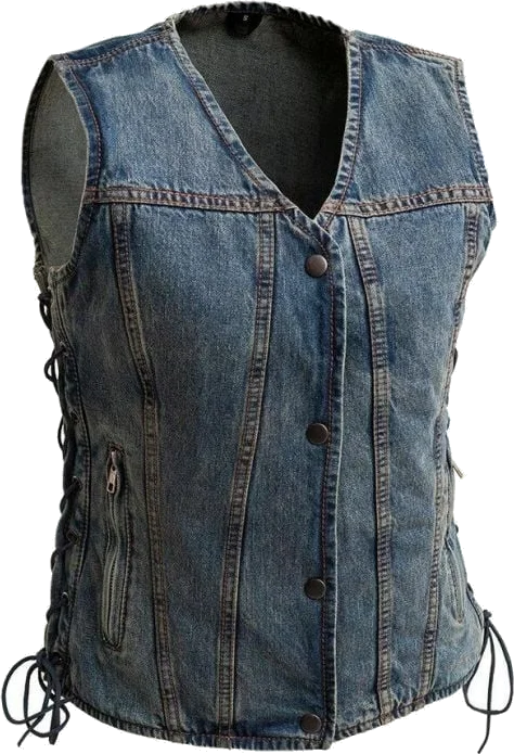 First Manufacturing Womens Tiff Motorcycle Denim Vest, Blue