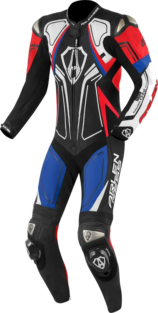 Arlen Ness Conquest One Piece Motorcycle Leather Suit, black/white/red/blue
