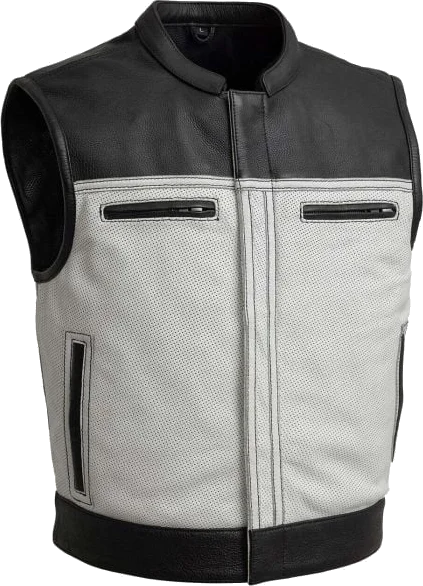 First Manufacturing Two Tone Lowrider Motorcycle Perforated Leather Vest, Black/White