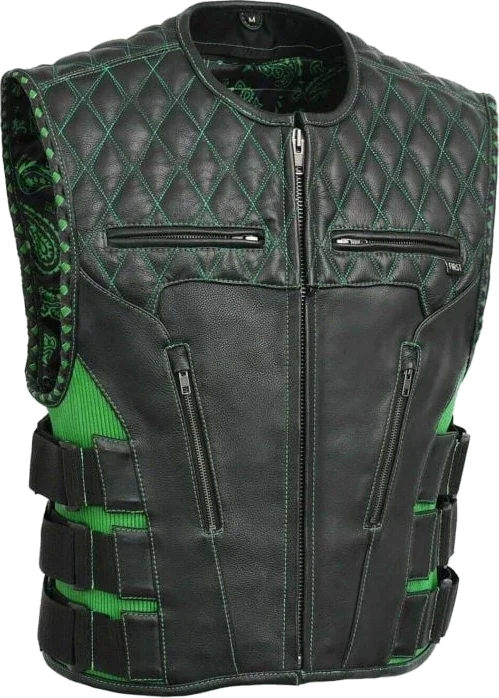 First Manufacturing Tactical Emerald Motorcycle Leather Vest, Black/Green