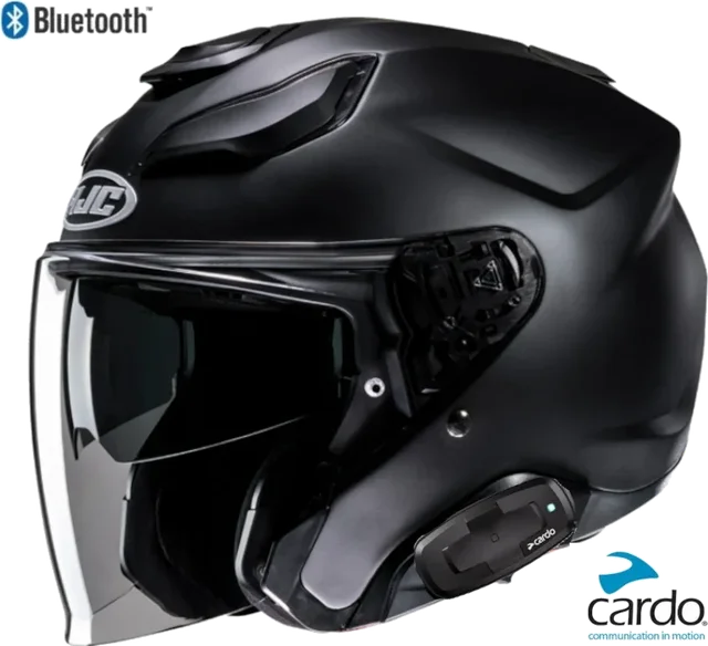 HJC F31 Open Face Bluetooth Helmet Flat Black Cardo 4X Installed