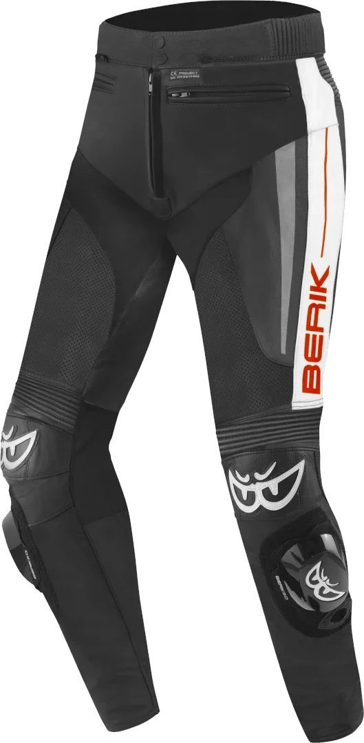 Berik Kendo Black White Red Leather Motorcycle Pants, black/white/red