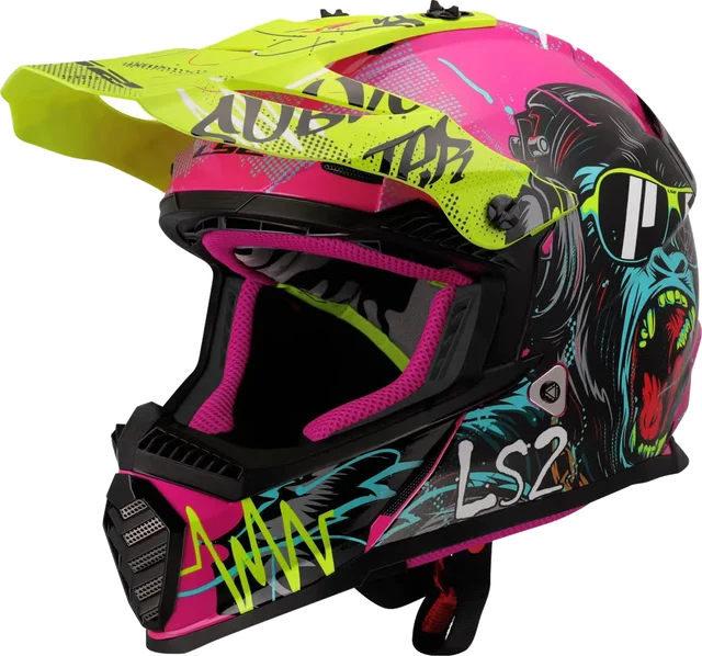 LS2 MX437 Fast Evo II Mini Gorilla Kids Motocross Helmet, pink/neon-yellow/turquoise