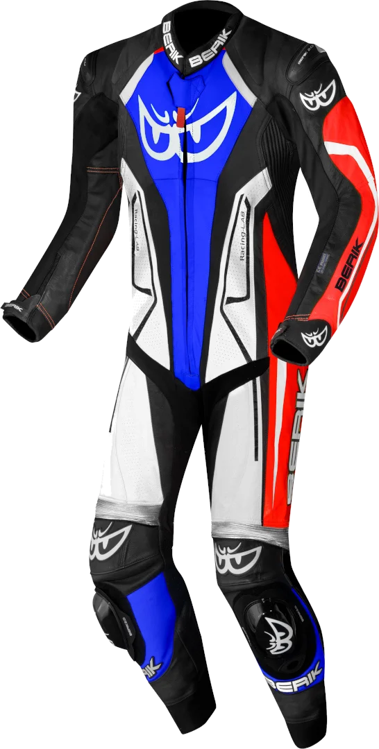 Berik Losail-R perforated One Piece Kangaroo Motorcycle Leather Suit, black/red/blue
