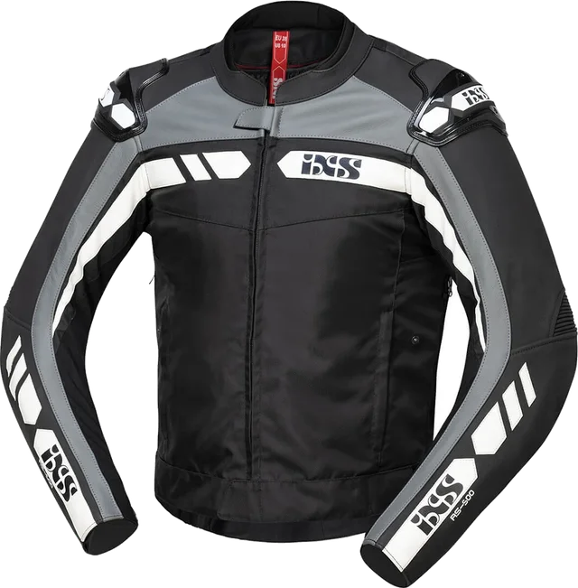 IXS RS-500 1.0 Black Grey White Leather Textile Motorcycle Jacket, black/grey/white